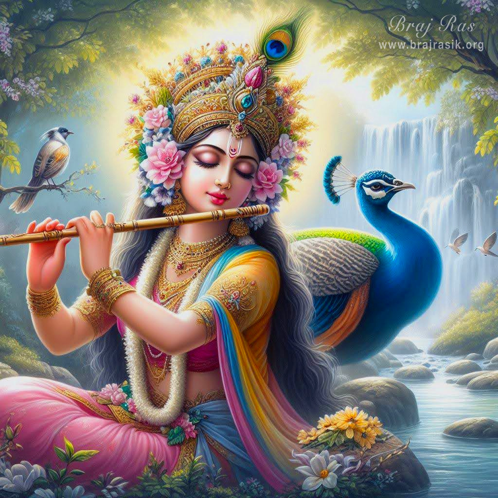 Sri Radhika playing flute, fully engrossed, eyes closed, peacock in the background.