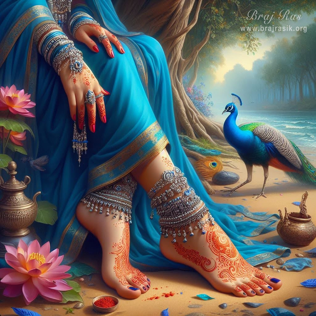 Lotus feet of Sri Radha under a tree at the bank of river Yamuna in Vrindavan.