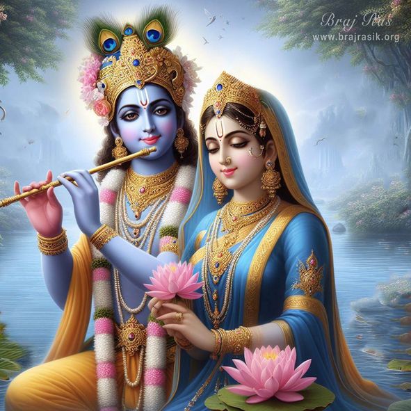The divine couple, Sri Krishna in yellow garments, and Sri Radha in blue garments, standing at the banks of river Yamuna in Vrindavan.