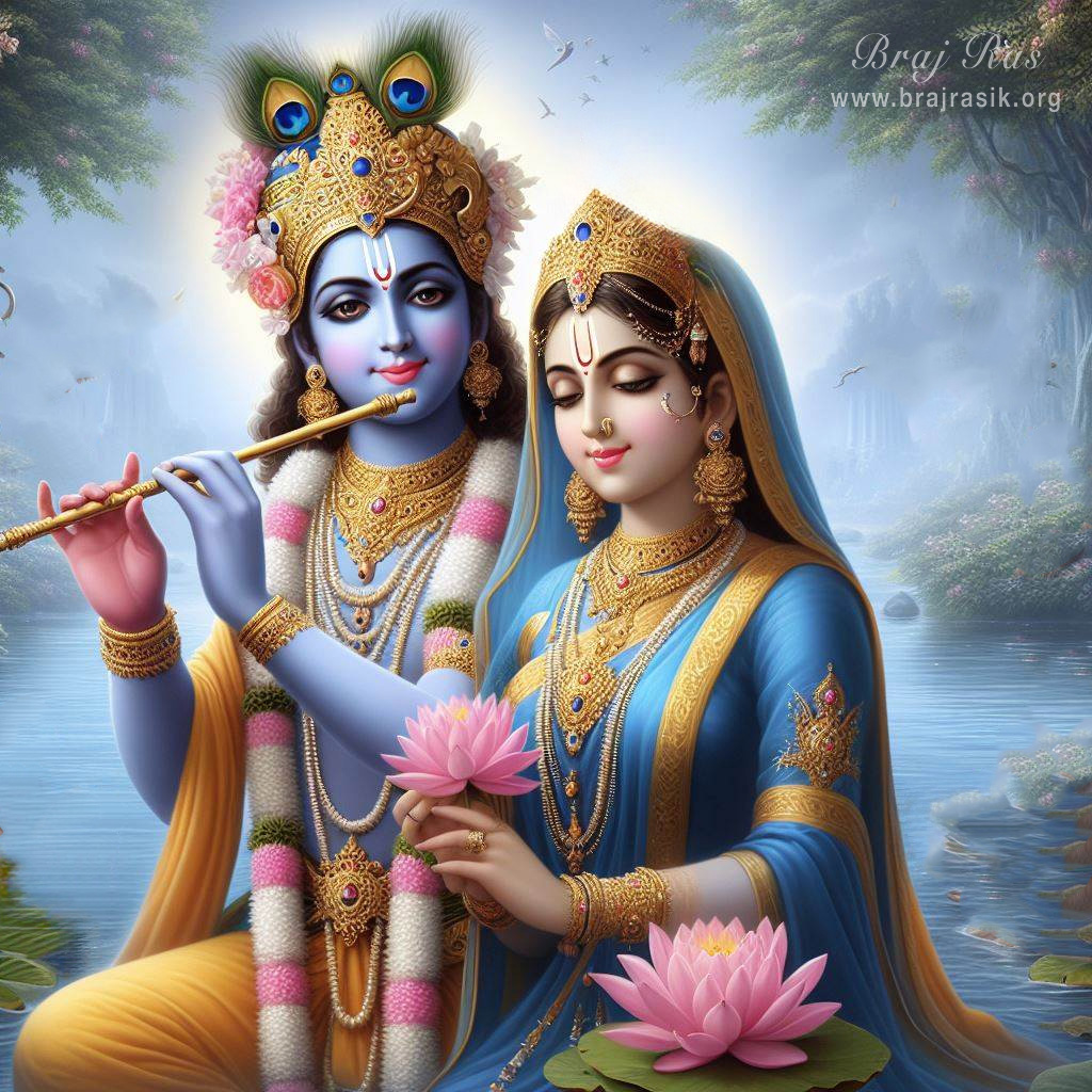 The divine couple, Sri Krishna in yellow garments, and Sri Radha in blue garments, standing at the banks of river Yamuna in Vrindavan.