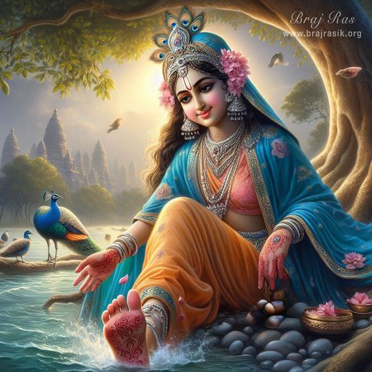 A portrait of Sri Radhika, washing Her lotus feet at the bank of Yamuna, under a tree in Vrindavan.