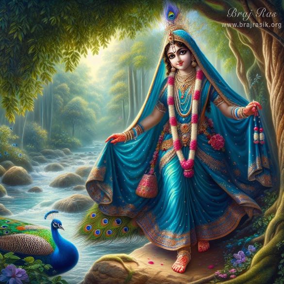 Sri Radhika serenely comes from the forest pathway, under a tree, dressed in blue garments, walking alongside the river.