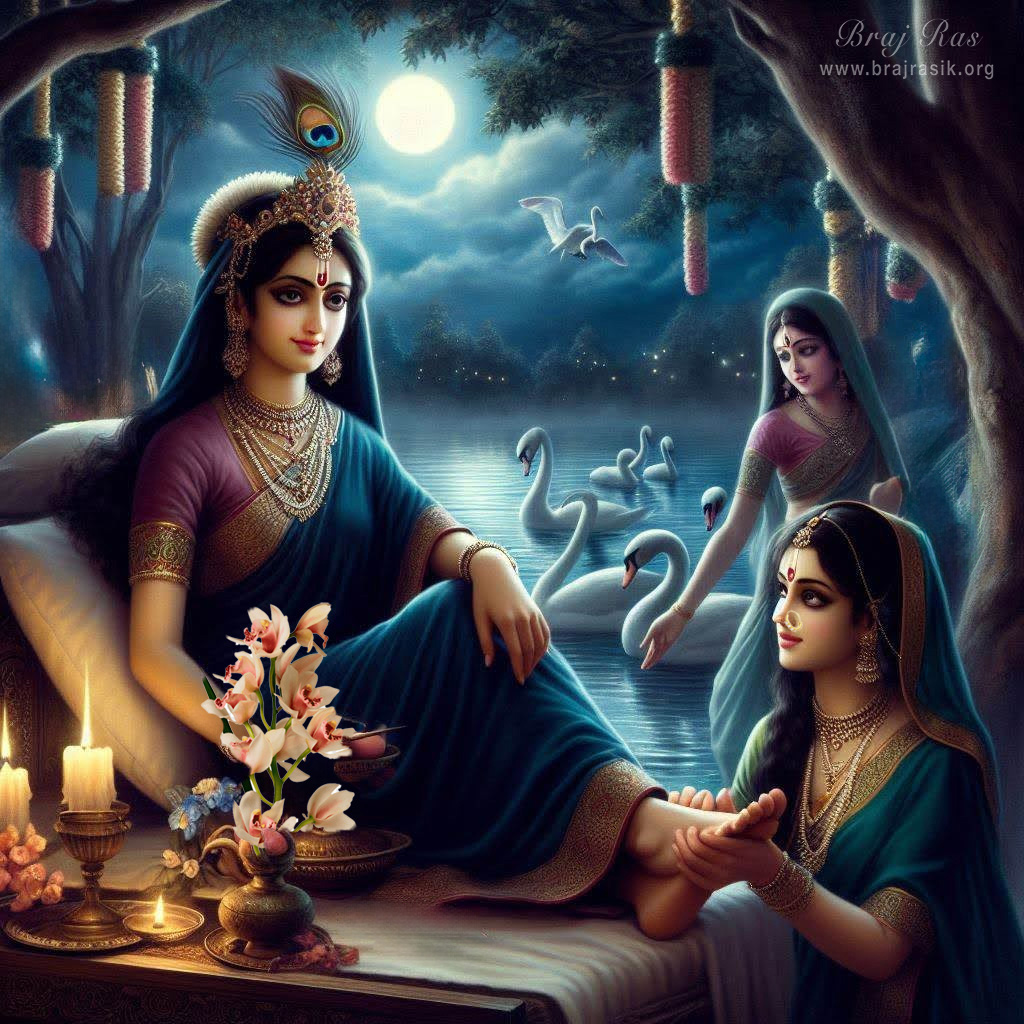 Sri Radha’s maid lovingly serves her lotus feet, her gaze unwaveringly fixed upon Sri Radha’s face, by the banks of the Yamuna in Vrindavan.
