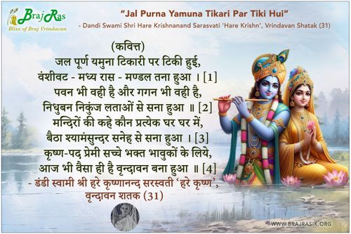 जल पूर्ण यमुना टिकारी पर टिकी हुई - डंडी स्वामी श्री हरे कृष्णानन्द सरस्वती ‘हरे कृष्ण’, वृन्दावन शतक (31)