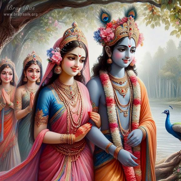 Sri Radha Krishna, walking together, at the bank of Yamuna, followed by Sakhis, under a tree in Vrindavan. 