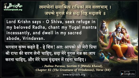 त्वमप्येनां समाश्रित्य राधिकां - पद्मपुराण, खण्डः 5 (पातालखण्डः), अध्याय 82 (वृंदावन महिमा), छंद (88)