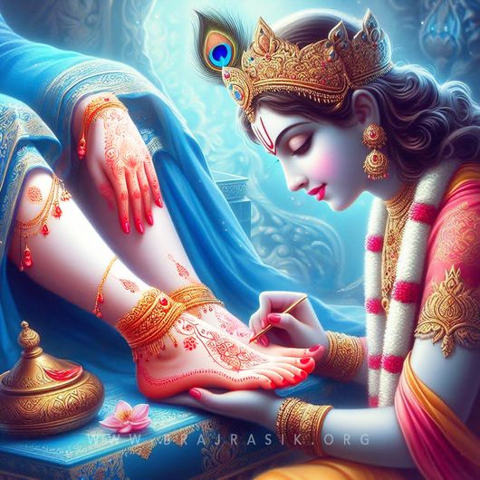 Sri Krishna painting the lotus feet of Sri Radha with red color (Mahavar).
