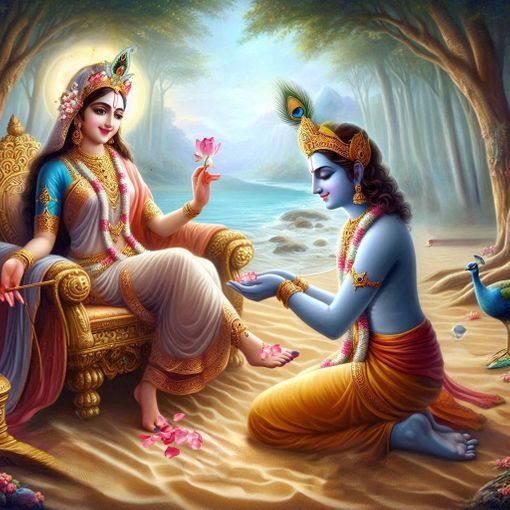 Shri Krishna, offering flowers at the feet of Sri Radha, humbly asks her to return His flute.