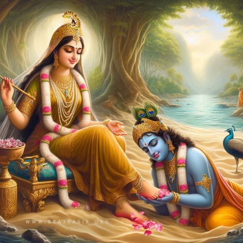 Lord Sri Krishna, lovingly serving the lotus feet of Sri Radha in the sacred sands of Vrindavan.
