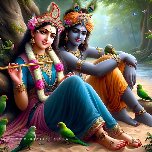 Sri Radha, holding Sri Krishna’s flute, under a tree in Vrindavan in the sand of Vrindavan, sitting with Krishna, surrounded by playful parrots.