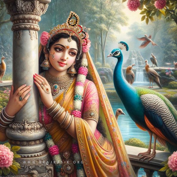 Sri Radharani, casting a sidelong glance of grace upon a peacock.
