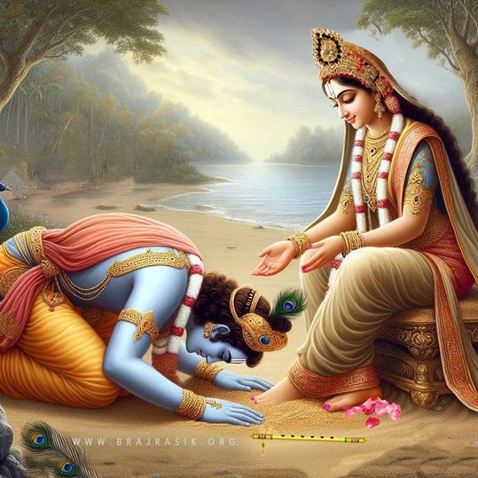Shri Krishna lovingly surrenders at the sand of Sri Radha’s lotus feet by the Yamuna shore in Vrindavan.