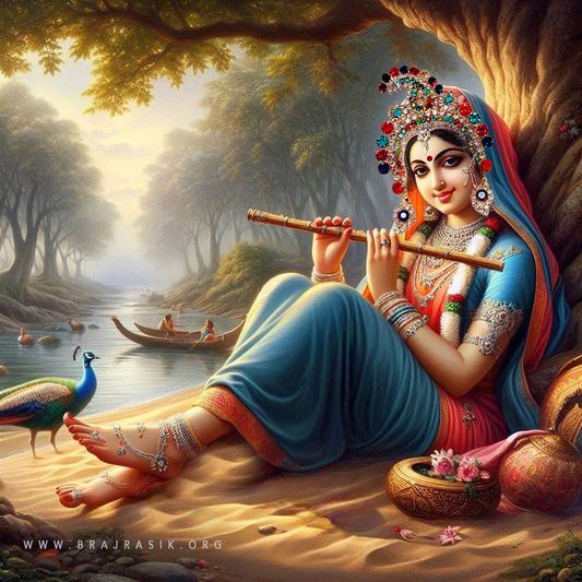 Sri Radha, holding a flute, at the bank of Yamuna, sitting in the sands of Vrindavan forest under the shade of a tree. 