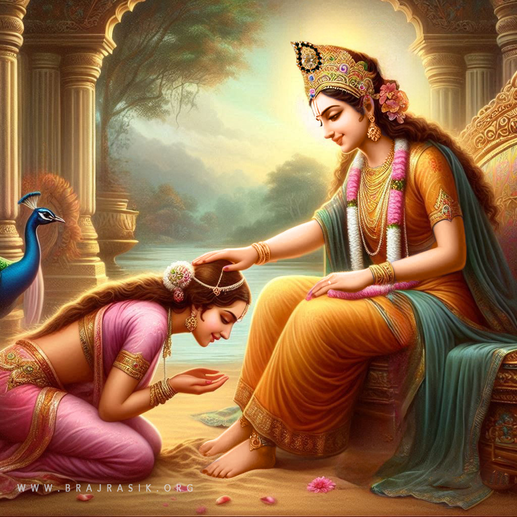 Shri Radhika Gracing Her Sahchari by Bestowing Blessings with Her Hand on Her Head at the Banks of the Yamuna in Vrindavan.
