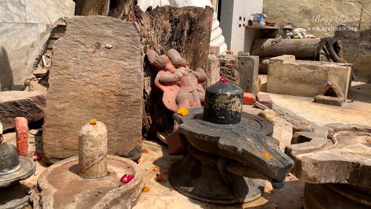View of various Shiv Lingas and idol of Hanuman outside Shri Chakreshwar Mahadev Temple, Govardhan