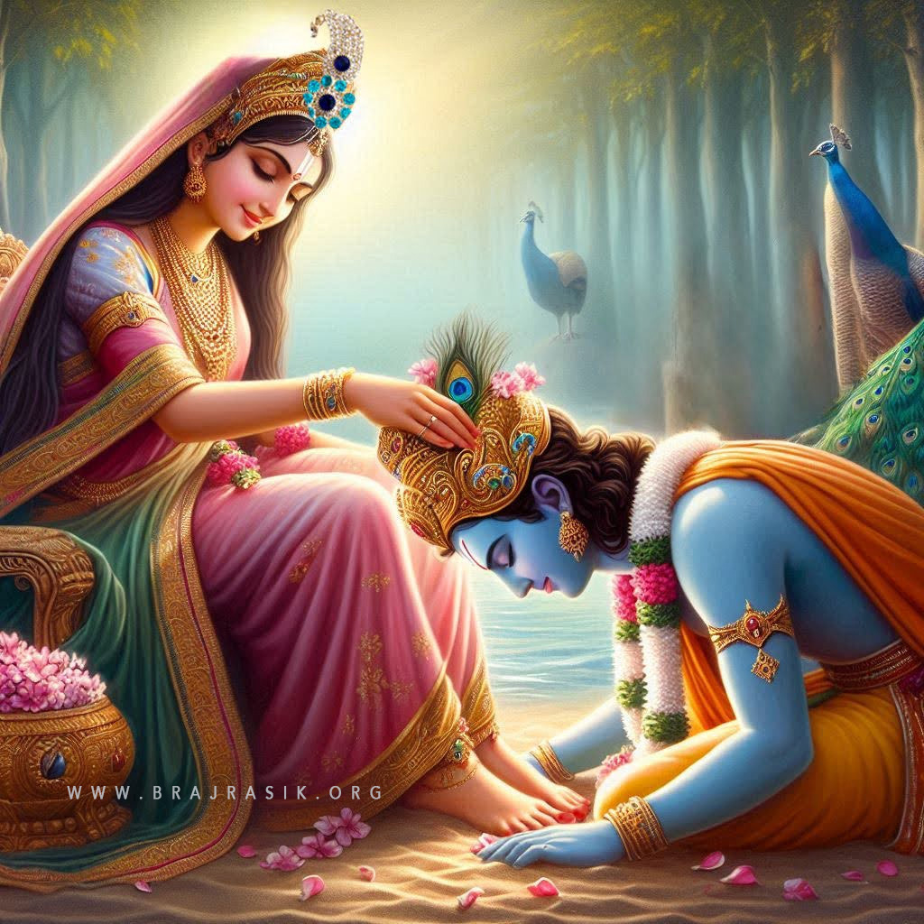 Shri Radharani, bestows her blessings upon Sri Krishna, who is humbly surrendering at Her lotus feet, at the bank of Yamuna in Vrindavan.