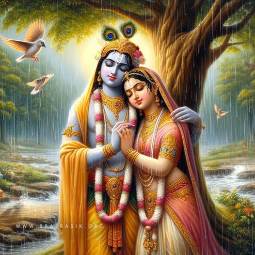 The divine couple, Sri Radha Krishna, stand embraced beneath a tree in Vrindavan, seeking shelter from the rain.