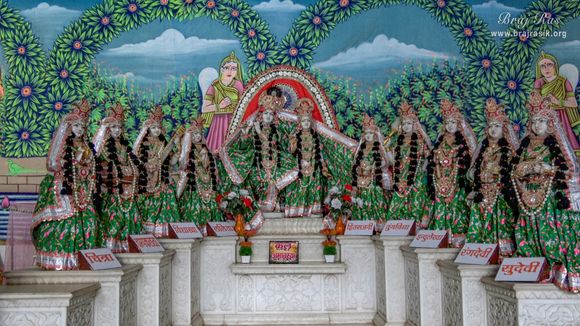 Darshan of Shri Radha Krishna with nine sakhis at the birthplace of Shri Hita Harivansh Mahaprabhu in Baad Gram, Mathura.