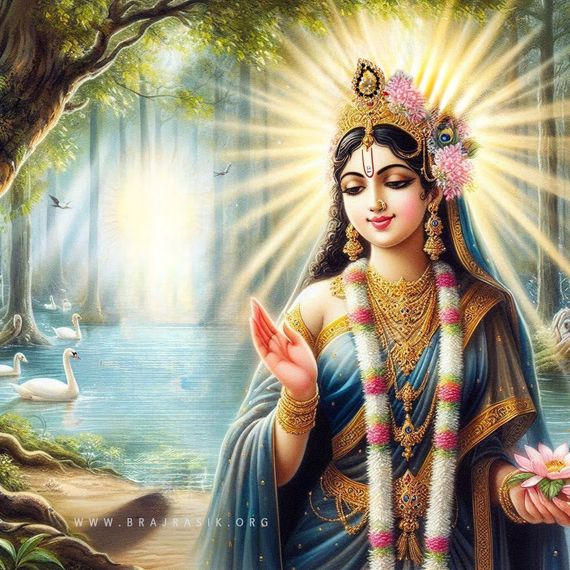 Sri Radhika, with a raised hand bestowing grace, stands before a lake adorned with swans.