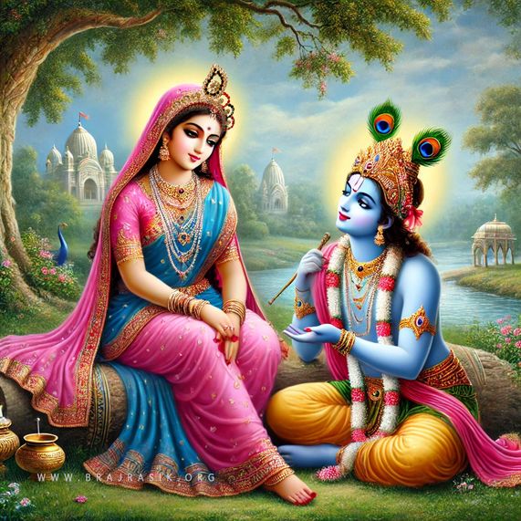 Sri Krishna consoling Manani Sri Radhika by the bank of Yamuna in Vrindavan.