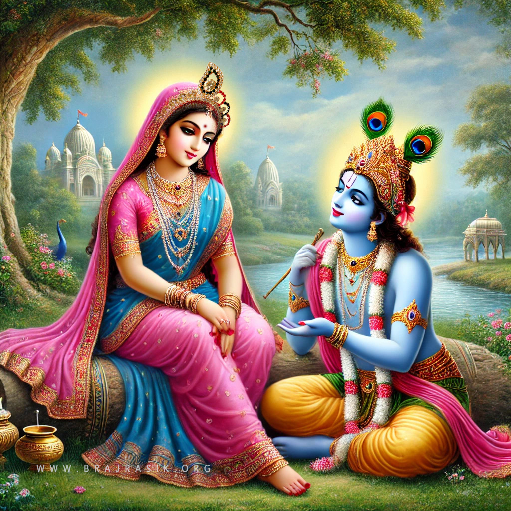 Sri Krishna consoling Manani Sri Radhika by the bank of Yamuna in Vrindavan.