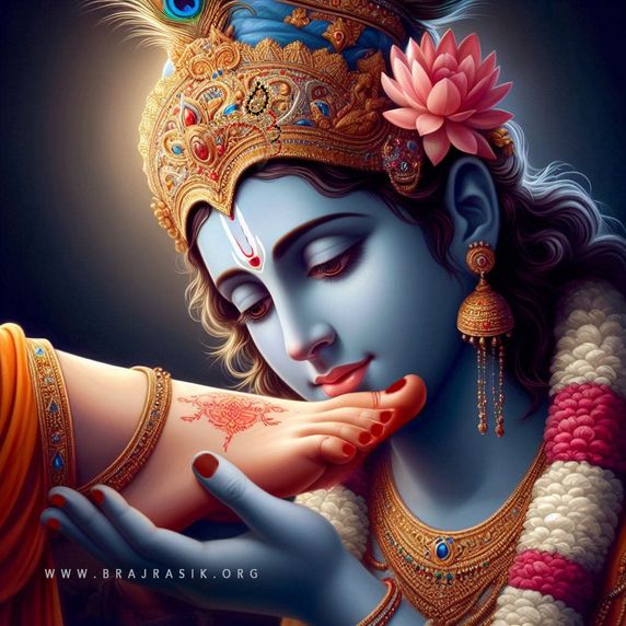 Sri Krishna Tenderly Holding and Gazing at the Lotus Feet of Sri Radha.