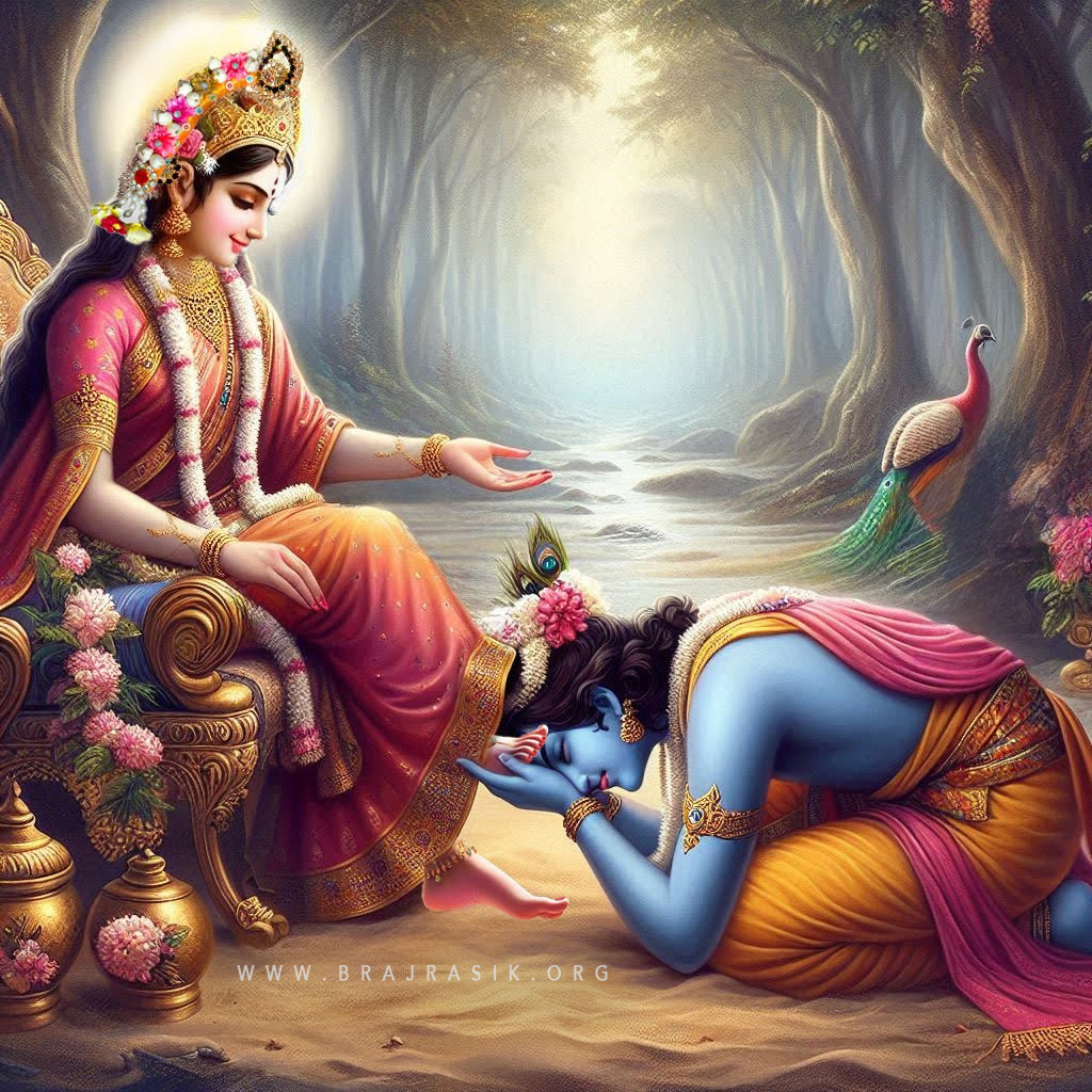 Sri Krishna surrendering at the lotus feet of Sri Radha.