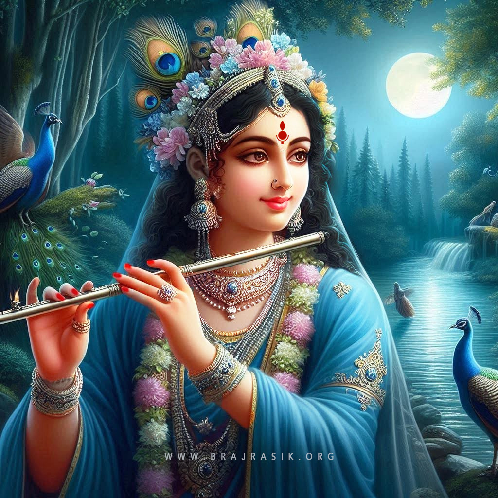 Lord Sri Radhika Playing the Flute by the Yamuna’s Bank in Vrindavan.