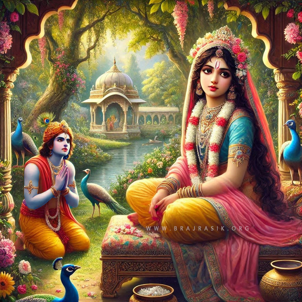 Sri Krishna, filled with love and humility, bows before Sri Radhika with folded hands, standing outside Her bower palace in a gentle attempt to soothe Her sulk.