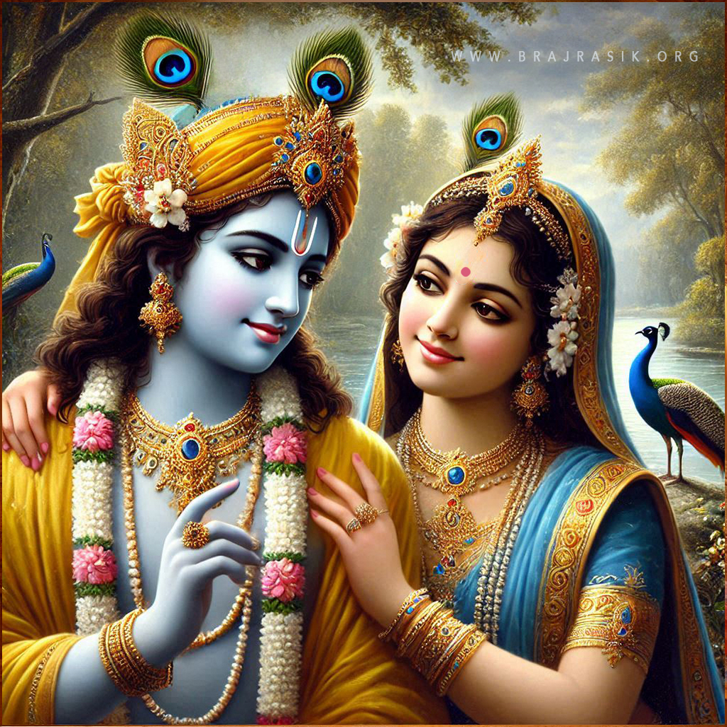Shri Radha, with her arms around Shri Krishna’s shoulders, is gazing at him with a sidelong glance, standing enchantingly by the banks of the Yamuna.