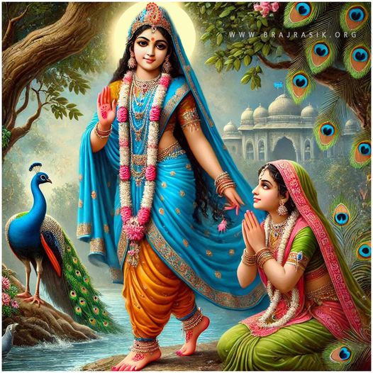 A devotee, with folded hands, beholds Sri Radha Rani, whose upraised hand is showering grace.