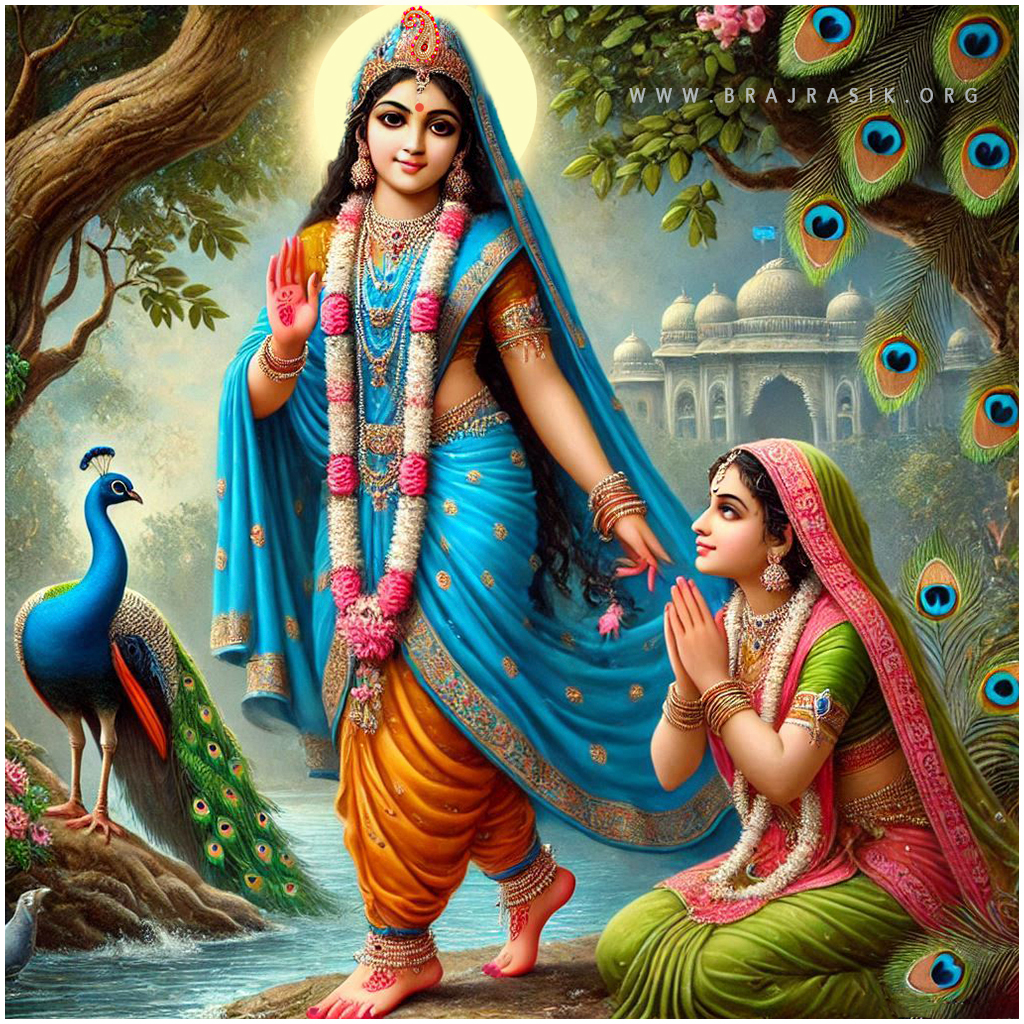 A devotee, with folded hands, beholds Sri Radha Rani, whose upraised hand is showering grace.