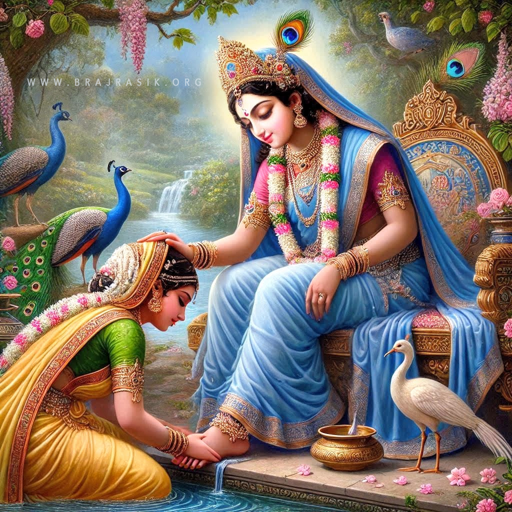 Shri Radhika, bestows Her blessings upon Her devoted Sakhi, who humbly serves Her by washing Her lotus feet.