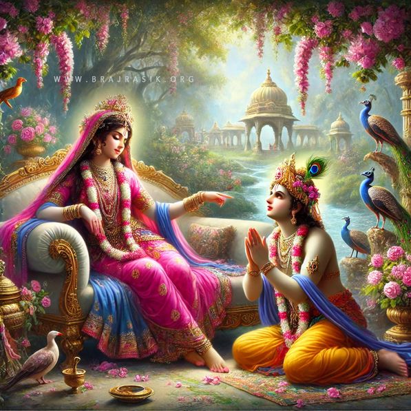 Sri Krishna following the instructions of His Swamini Sri Radha, with folded hands.
