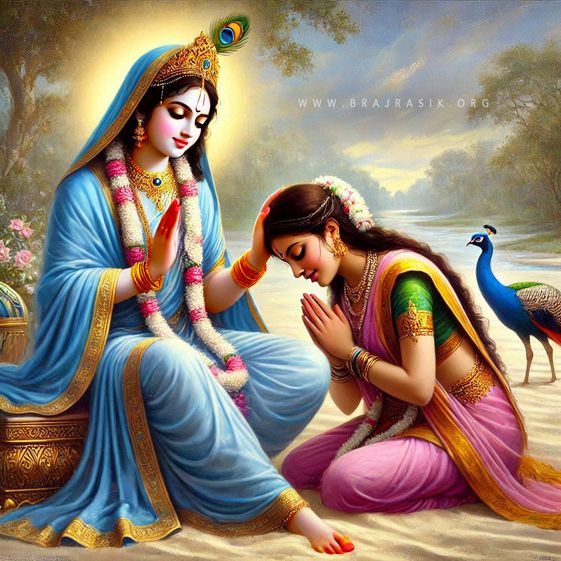 The spiritual master (Guru) of the Sahchari is none other than Sri Radha herself. A Sahchari humbly offers her obeisances at the lotus feet of Sri Radha Ju. 