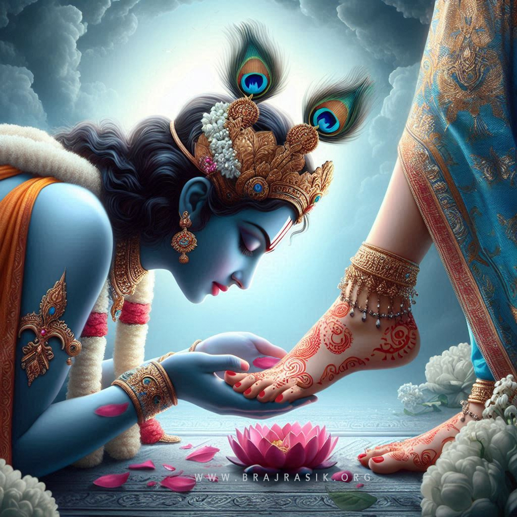 Sri Krishna, holding the lotus feet of Sri Radha with utmost care.