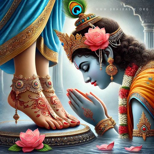 Sri Krishna Worshipping Sri Radha’s Lotus Feet in the Divine Waters of Yamuna