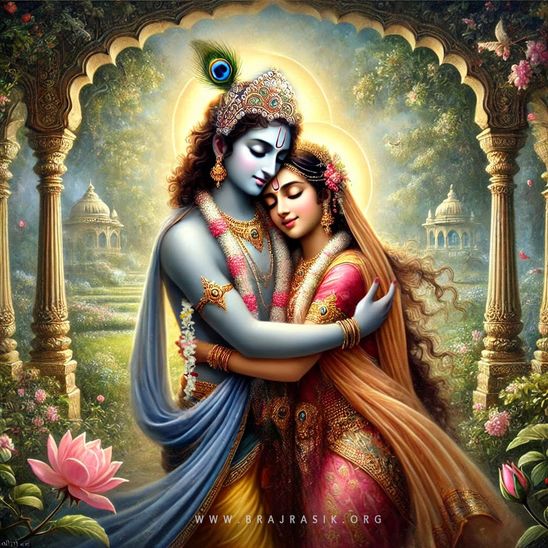 The divine couple, Sri Radha and Sri Krishna, embracing each other, in the Nikunj palace of Vrindavan.
