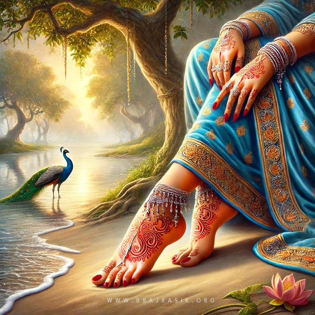 The lotus feet of Sri Radha resting on the soft golden sands of Vrindavan by the Yamuna bank.