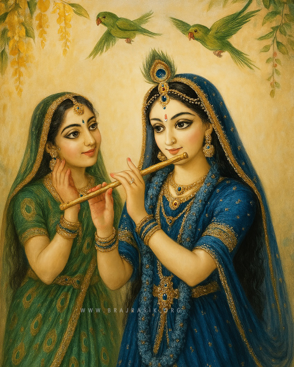Sri Lalitaji lovingly beholds the soul-treasure of her life, none other than Sri Radha, who holds a flute.