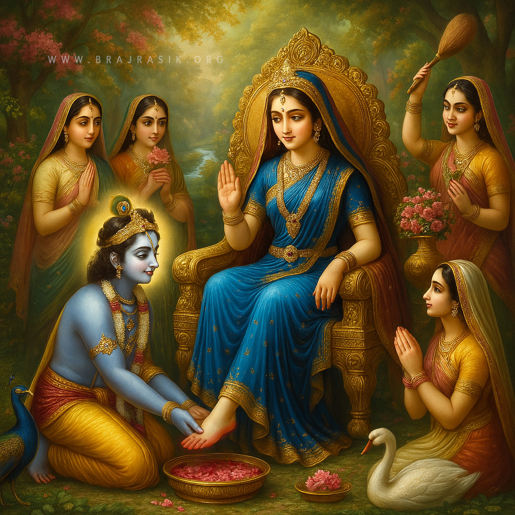 श्री कृष्ण और सखियाँ श्री राधा की प्रेमपूर्वक सेवा कर रहे हैं, जो सिंहासन पर विराजमान हैं।