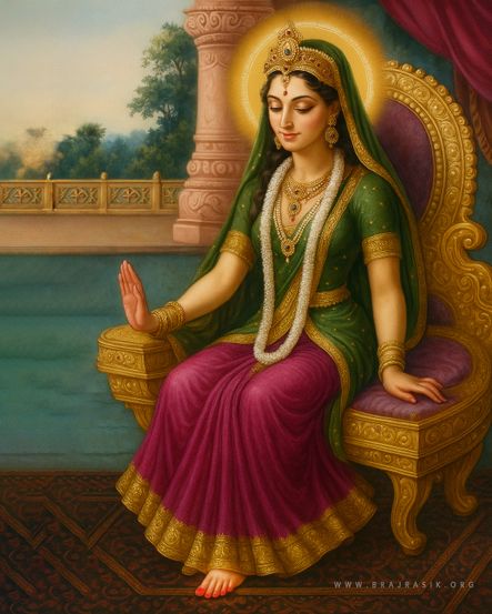 Sri Radha Maharani, seated on Her throne, showering grace.