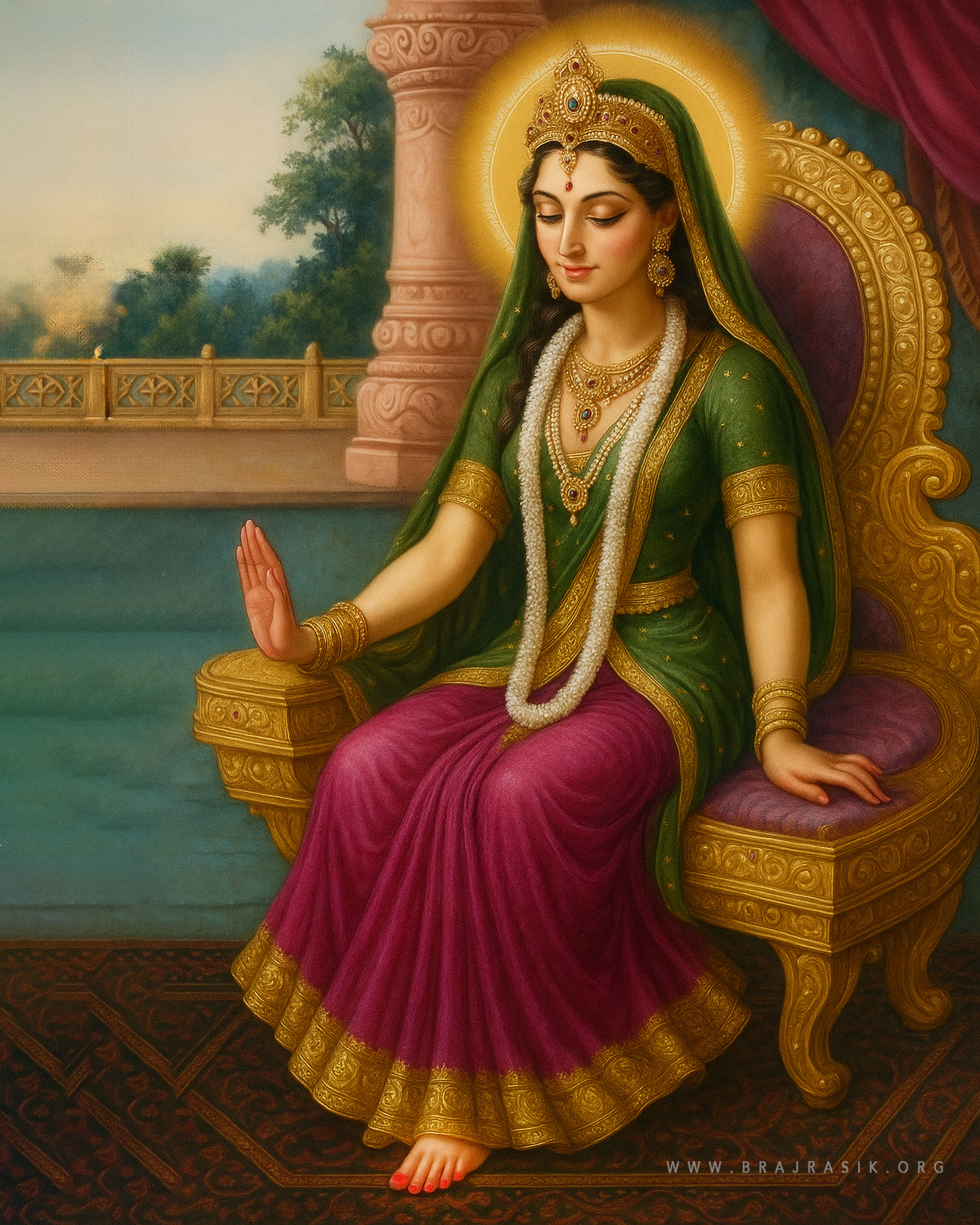 Sri Radha Maharani, seated on Her throne, showering grace.