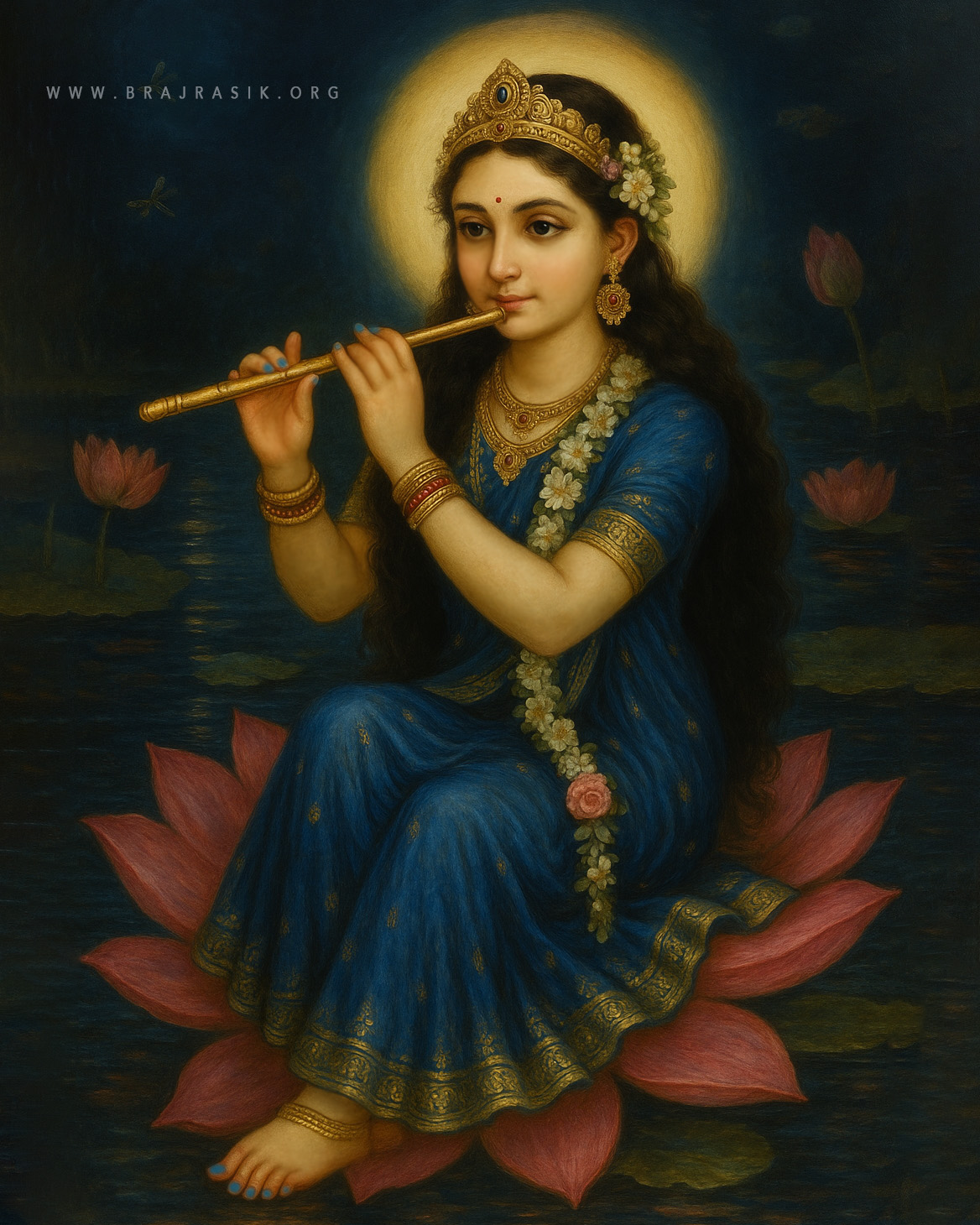 श्री राधिकाजी यमुना के मध्य खिले हुए कमलों के बीच एक कमलासन पर विराजमान हैं। शीतल चाँदनी रात में, वृंदावन की मधुर शांति में वे बंसी (बांसुरी) बजा रही हैं। चारों ओर खिले हुए कमल उनकी अनुपम छवि को और भी मनोहारी बना रहे हैं।