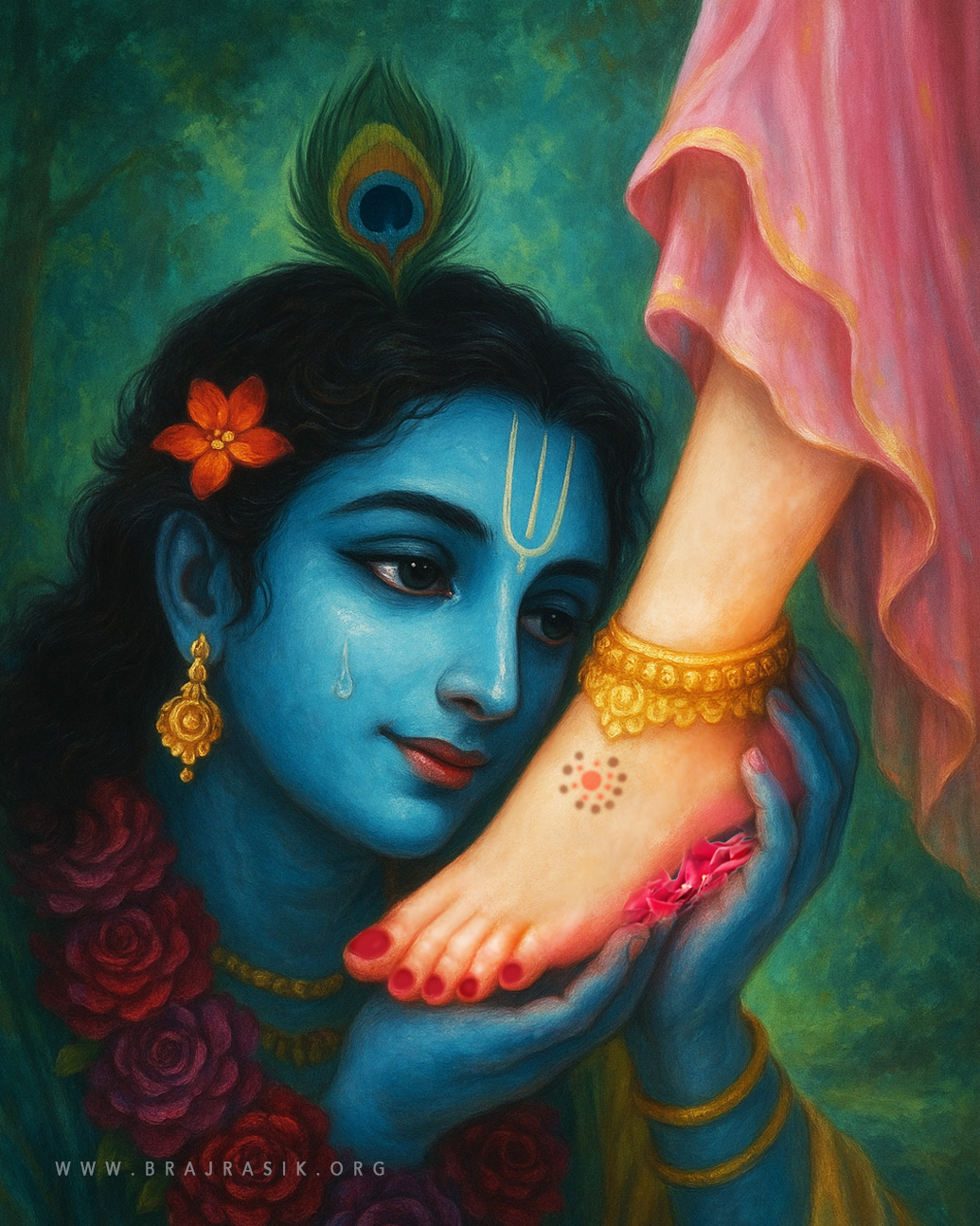 श्री राधा के चरणकमलों को थामे हुए श्री कृष्ण, प्रेम में आँसू बहाते हुए।