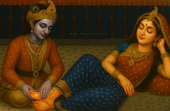 Queen of Vrindavan, Shri Radha, is resting with her eyes closed, while Shri Krishna gently massages her lotus feet.