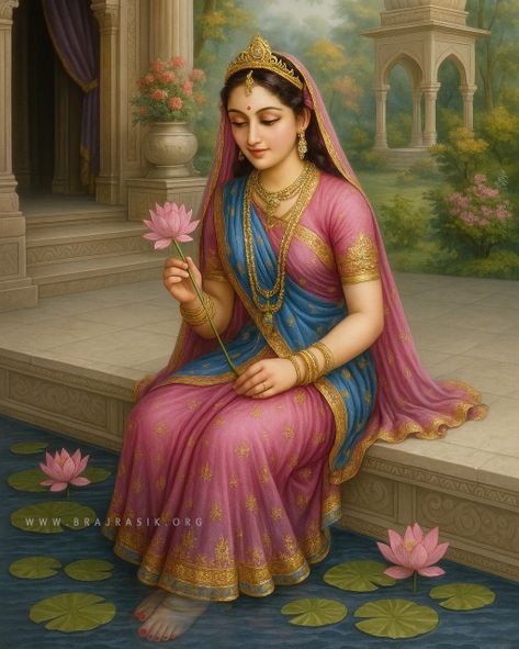 Sri Radha sits gracefully by a lotus-filled pond in a beautiful palace garden in Braj. 