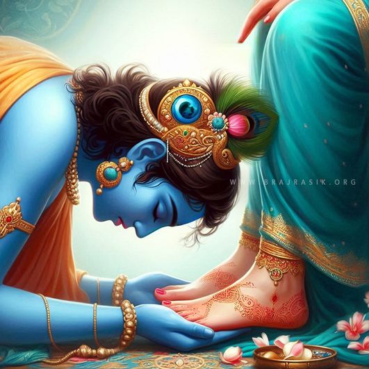 Sri Krishna holding the lotus feet of Sri Radha with deep reverence.