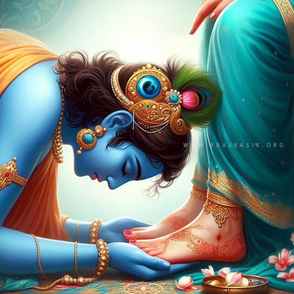 श्री राधा के चरणों को प्रेम से अपने करकमलों में थामे हुए श्री कृष्ण 