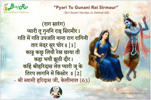 प्यारी तू गुननि राइ सिरमौर - श्री स्वामी हरिदास जी, केलीमाल (65)